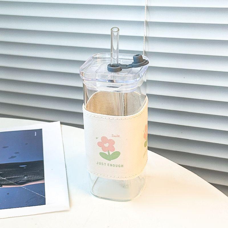 400 ml Fyrkantig Värmebeständig Kaffeglaskopp Med Lock Och Sugrör Transparenta Mjölkte-Juicekoppar Kaffemugg Hemmabar Dryckesvaror