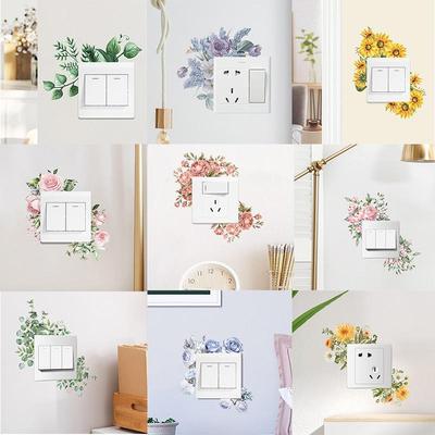 Green Plants Rose Daisies Peony Flowers Leaf Switch Stickers Home Decoration Wall Stickers Self-adhesive
