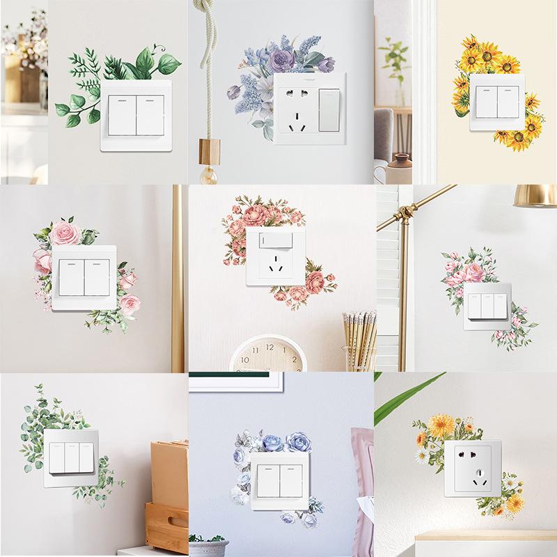 Green Plants Rose Daisies Peony Flowers Leaf Switch Stickers Home Decoration Wall Stickers Self-adhesive