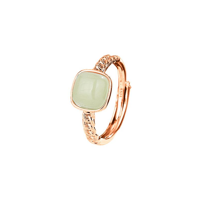 PONYKISS Tibetan Silver Square Jade Chain Adjustable Rings for Women Trendy Fashion Minimalist Chinese Style Accessories