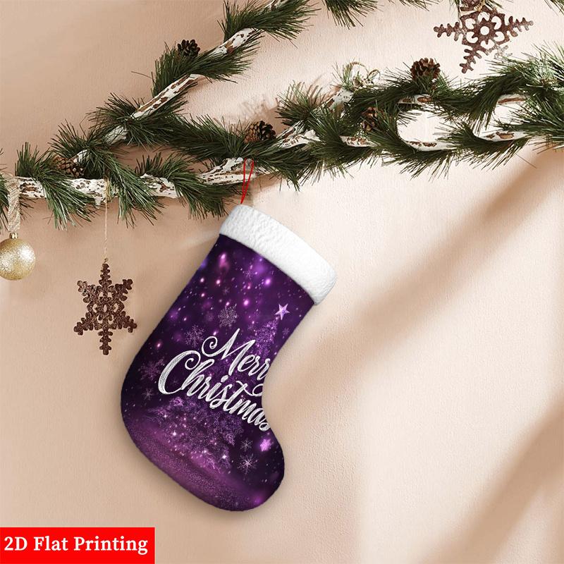 Christmas decoration fireplace hanging stockingFlat 2D Print, Polyester Christmas Stocking Decor, Purple Chris