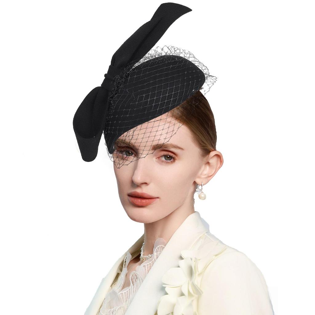 Vintage Wool Fascinator Hat with Bow, Black, 20s 50s Cocktail Party Pillbox Hat with Mesh Veil, Wedding Formal Occasion Hair Clip
