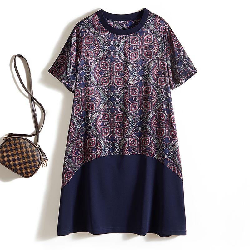 

Satin Poplin Silk round Neck Purple Vintage Print Commuting Elegant Women s Summer Cold Dress Lining Skin White Purple 4XL