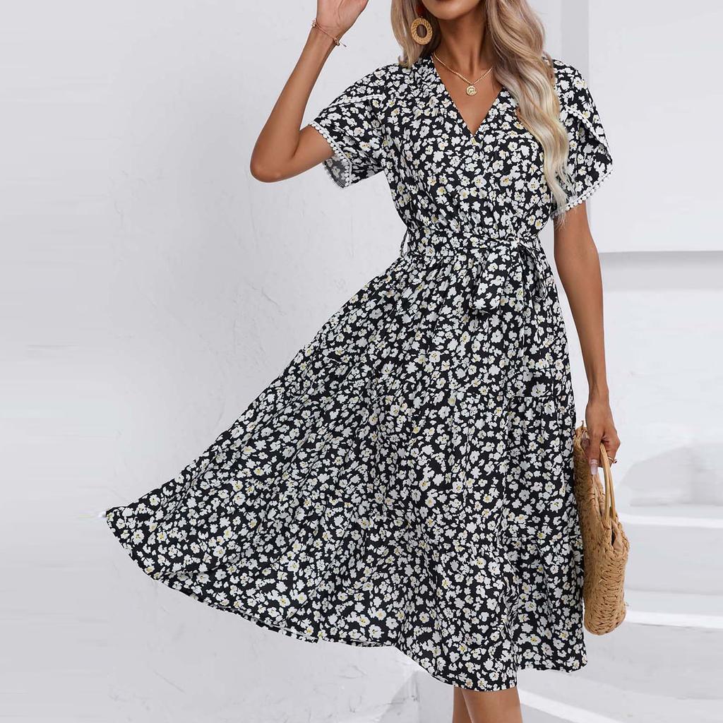 Women's Dresses Printed V-Neck Waisted Mid-Length Short Sleeve Irregular Dresses