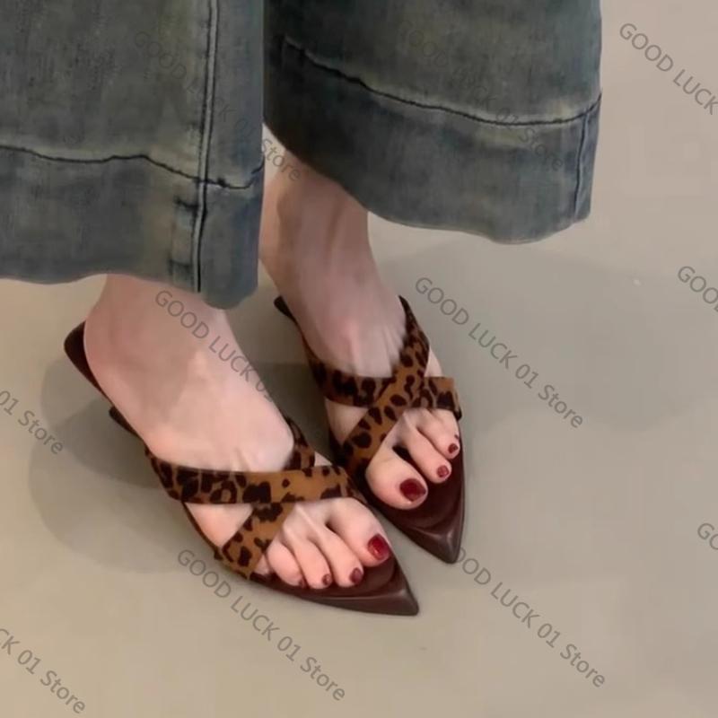 

Fashion Summer Fashion French High Heels Slippers Outside Wear New Pointed Toe Shallow Mouth Open Toe Temperament Special Heel Sandals 35 цветной печати леопарда