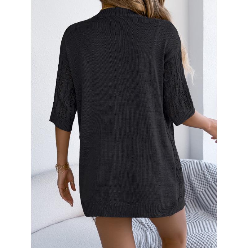 Women Casual European Style Solid Hollow Out Mid Length Elbow Sleeve Knit Cardigan