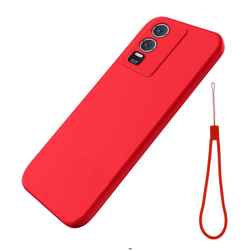 For vivo Y76s/Y76 5G Liquid Silicone Phone Case Soft Lining Anti-scratch Back Cover with Strap
