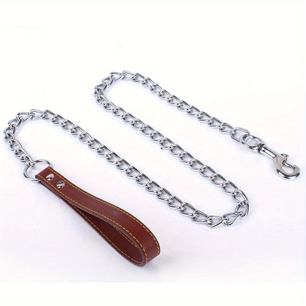 Heavy-Duty Dog Chain Leash 120cm Durable Leather Handle Chew-Resistant Metal Link Ideal for Large Breeds Pet Training & Walking