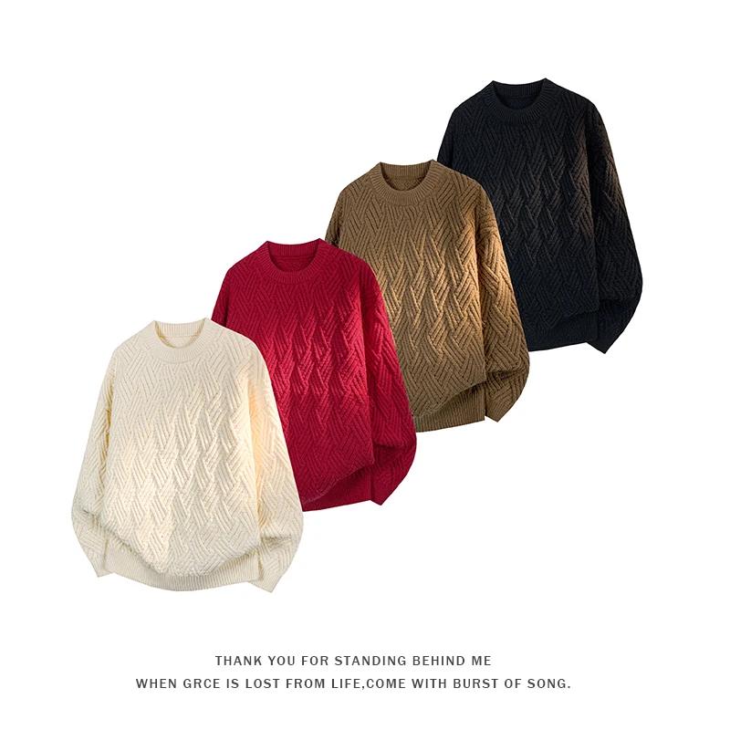 Pánské svetry s copánkovým vzorem s kulatým výstřihem na podzim a zimu 2025, pánský ležérní svetr jednobarevný, pánské pletené topy s kulatým výstřihem, pánské streetové pulovry