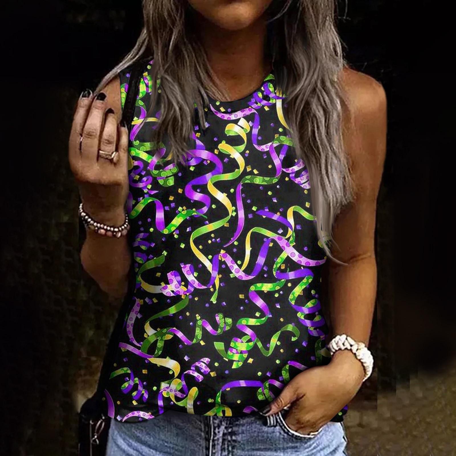 

Женская модная футболка без рукавов с круглым вырезом и карнавальным принтом для отдыха S