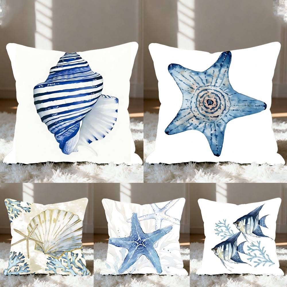 Panika Chen Unisex Blue Sea Marine Shell Pillow Case Cushion Cover Polyester Pillowcase Decorative Sofa Cushion Pillowcase Home Decor