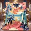 1pc 2D Sunset Palm Tree Sailboat Theme Pattern Flannel Blanket, Soft HD Digital Print, Cooling Blanket All Year Round! Soft And Breathable 100% Polyes