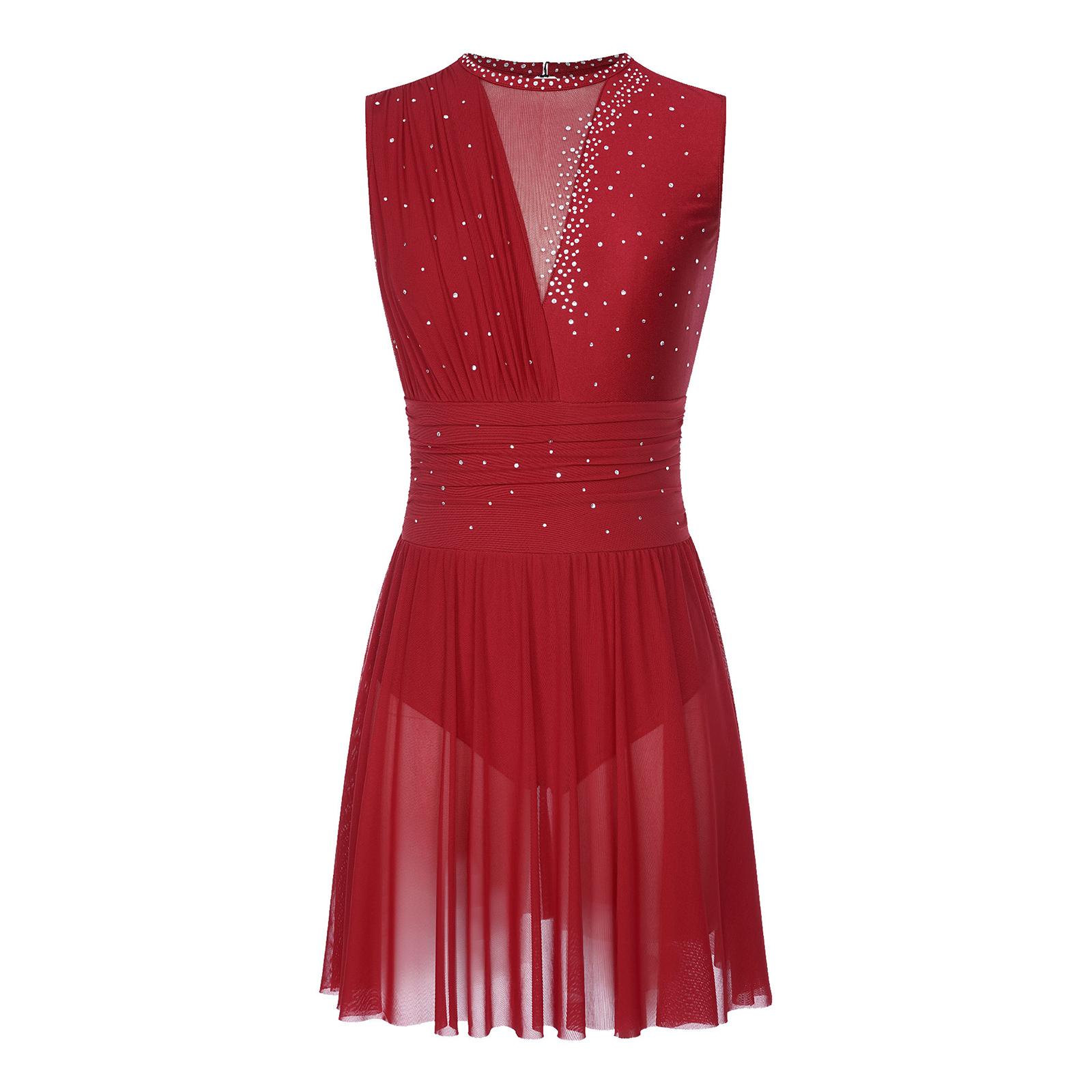 

Жіноча сукня для виступів з фігурного катання, блискуча, без рукавів, з драпіруванням для танцювальних змагань S бордовий