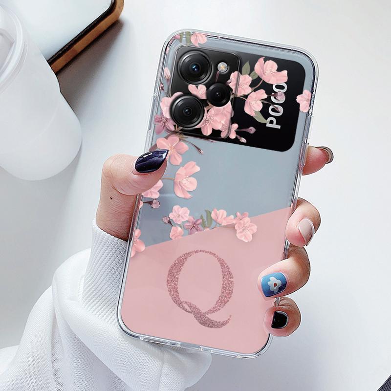 Clear Initial Letter Phone Case For POCO X5 X 5 Pro 5G Shockproof Protector Flowers Cover For Xiaomi POCOX5 X5Pro Coque Soft TPU