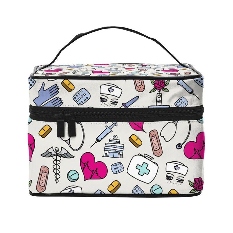 

Large Makeup Bag Custom Cartoon Doctor Nurse Enfermera En Apuros Carrying Portable Zip Travel Cosmetic Brush Bag Organizer