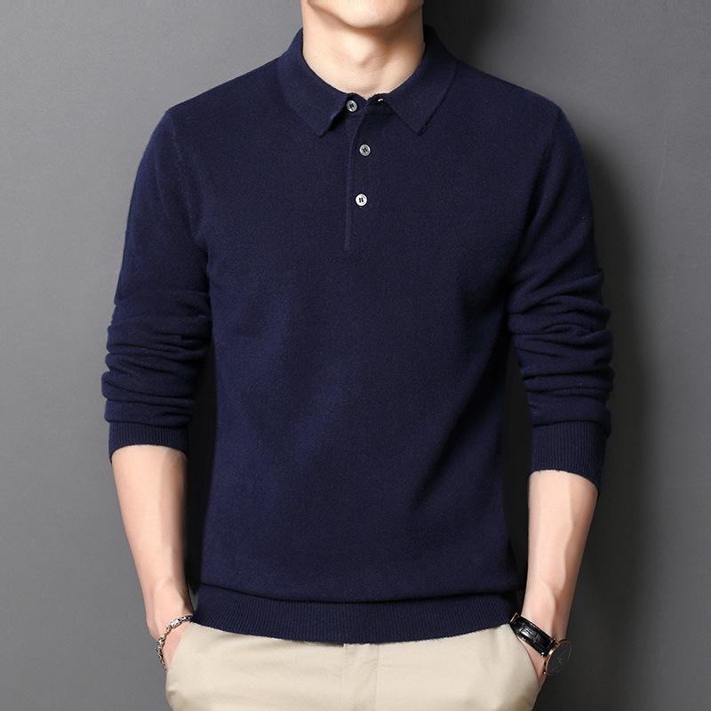 Middle-aged Men's Sweater Shirt Collar Pure Wool Medium Thick Warm Solid Color Pullover Bottoming Shirt Men's Winter Men's Clothing