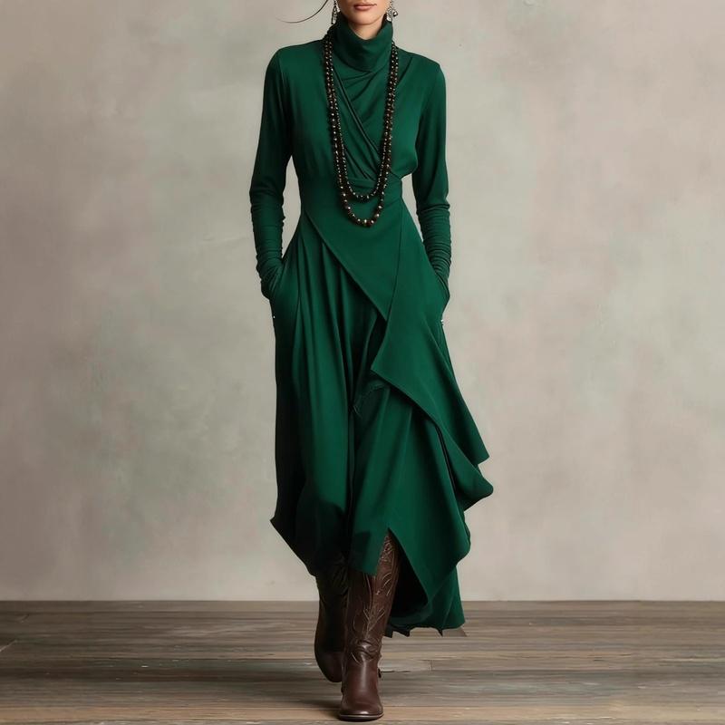 Women Clothing Fall Solid Color Long Sleeve Turtle Neck Maxi Dress