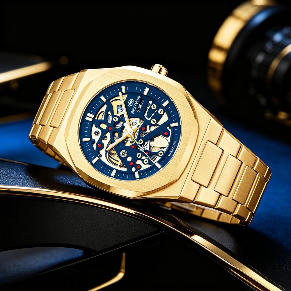 Automatic Mechanical Watches for Men Skeleton Hollow Dial Luminous Wrist Watch Steel Strap Square Case Watch Waterproof