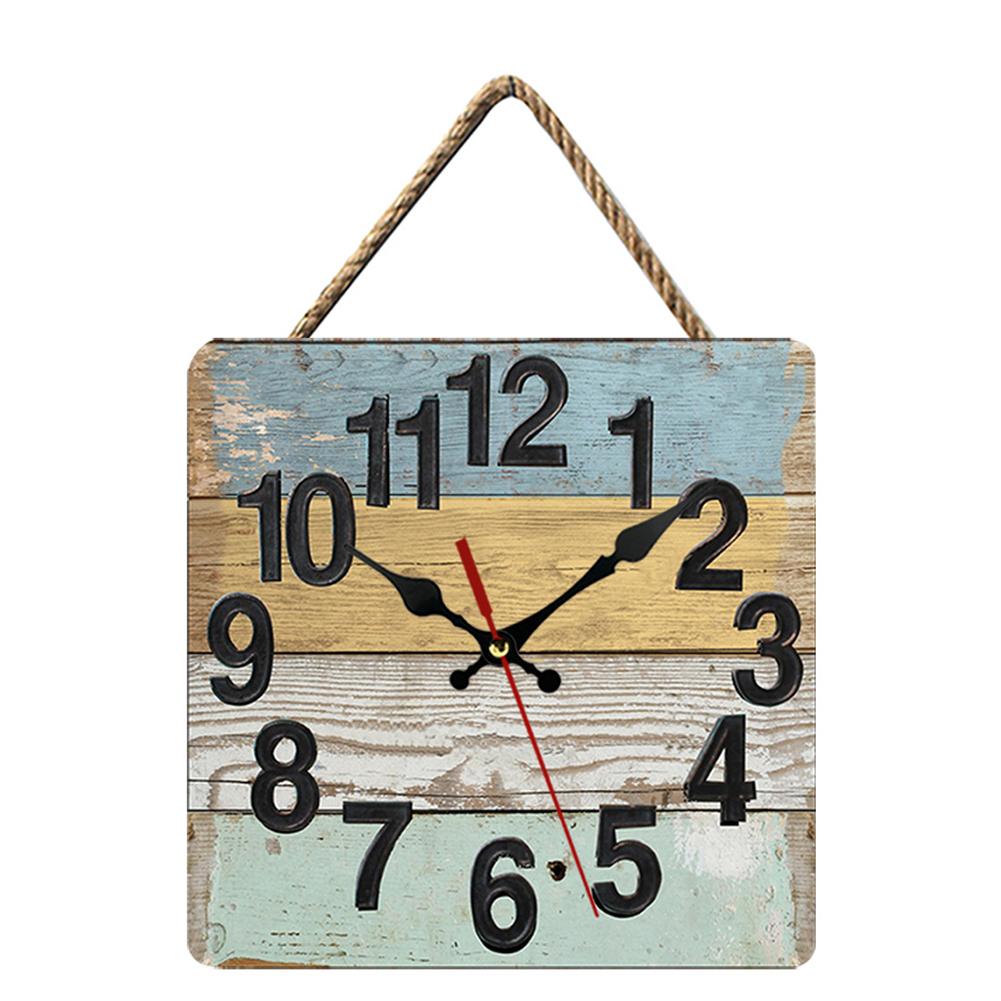

10 Inch Wooden Wall Clock Creative Retro Square Silent Hanging Clocks For Bedroom Living Room Decor E