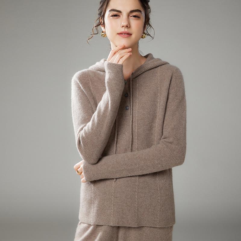 2024 Women's Cashmere Hooded Pullover: Loose Fit, Solid Color, Korean Style Autumn/Winter Sweater