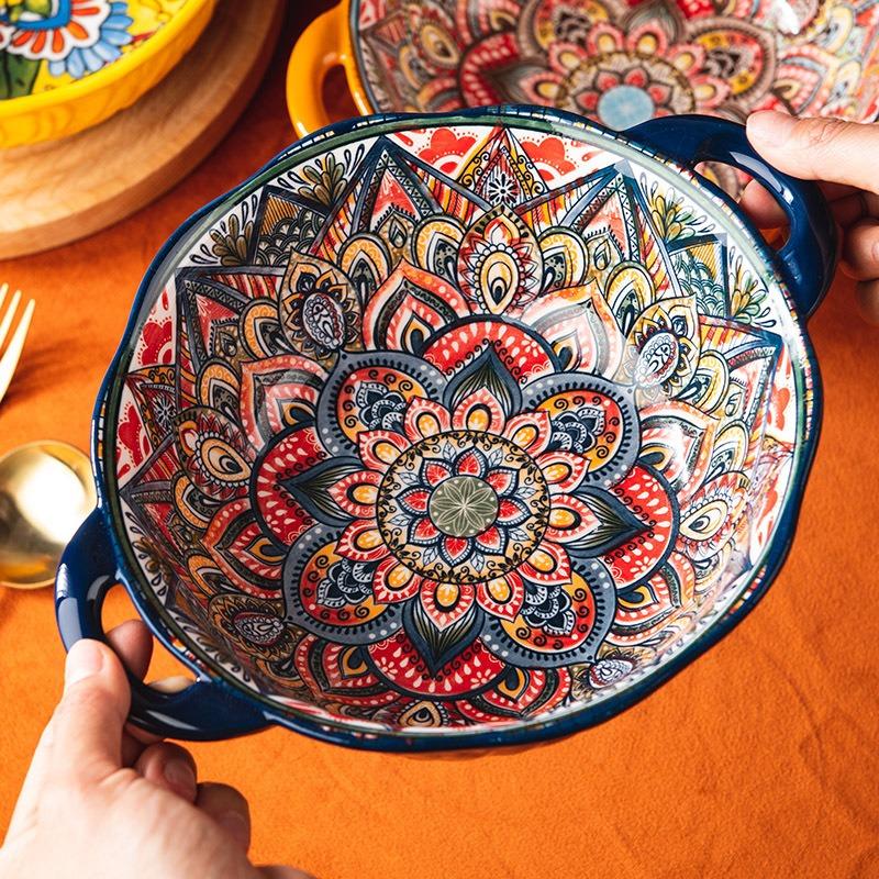 Creative yellow-green wave tree pattern flower hand-painted underglaze color binaural ceramic non-hot noodle bowl