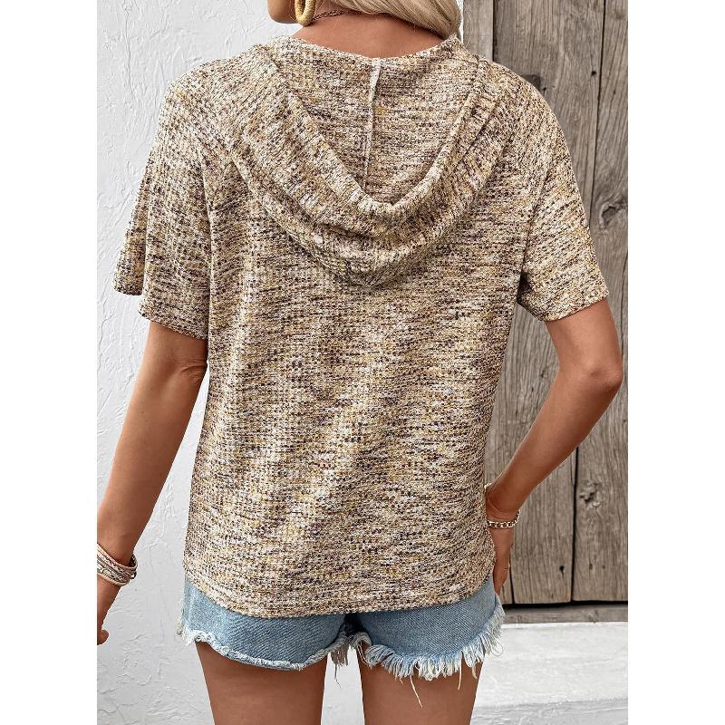 2026 Women's Clothing Summer New Waffle Knit Button V-Neck Drawstring Hooded Short Sleeve Top