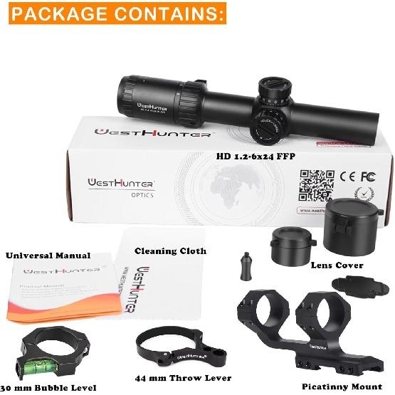 WestHunter Optics HD 1.2-6x24 IR FFP LPVO Riflescope, 30 mm Tube First Focal Plane Illuminated 1/2 MOA Presicion Compact Rifle Scope for Shooting and