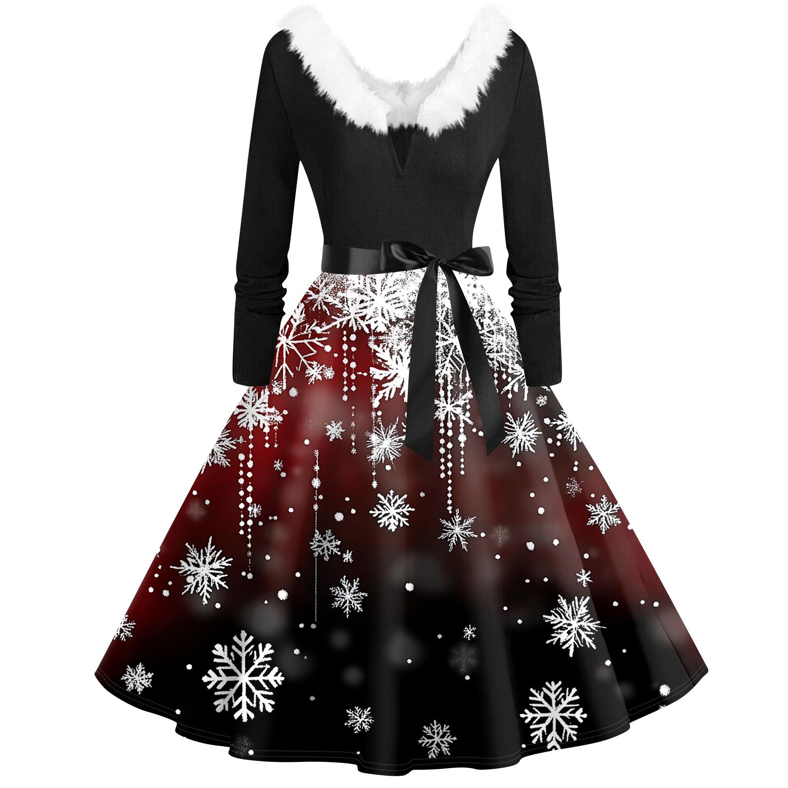 

Женская мода с v-образным вырезом, повседневные тонкие рождественские платья с воротником из волос и длинными рукавами с принтом XL винный