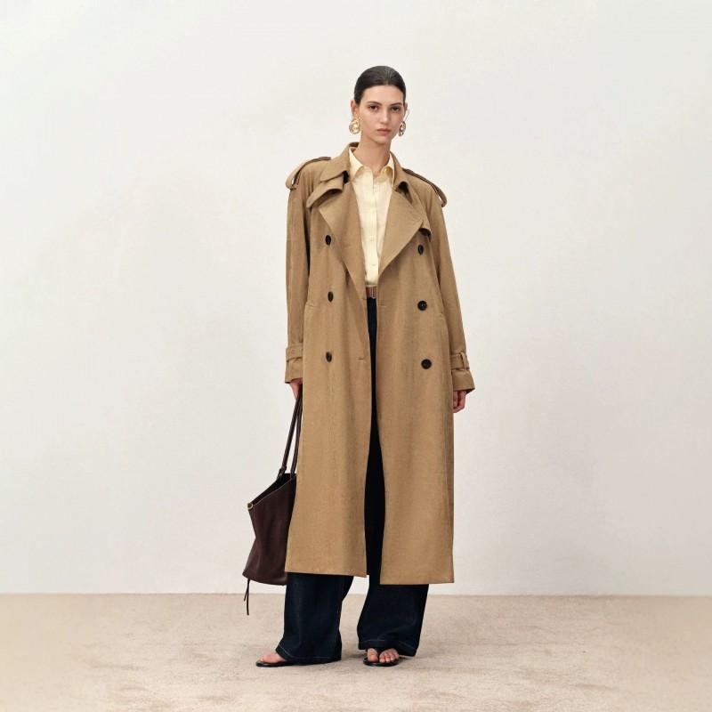 Womens Khaki Suede-Look Long Trench Coat Double-Breasted Loose Fit Vintage Style