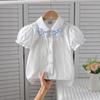 5-12 Years Old Girls 100% Cotton Blouse Bow Embroidery Lapel Puff Sleeve Button Front Kids Summer Soft Casual Daily Shirts