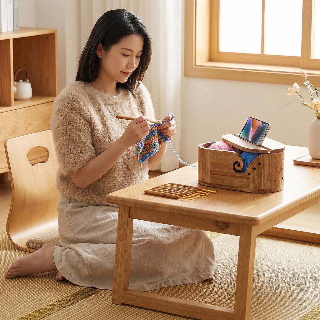 Acidea Wooden Yarn Knitting Natural Wood Yarn Holder with 9 Knitting Smartphone and Storage for Hair and Crochet Yarn Knitting Knitting Crochet Sewing