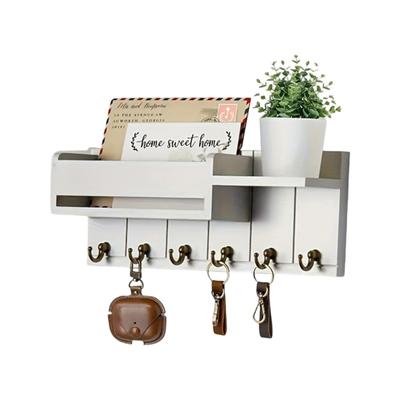 Wooden Home Key Holder with 6 Hooks Open Shelf Rustic Wall Mount Key Organizer Multi-purpose Home Office Entryway Decorative Key Hanger Rack