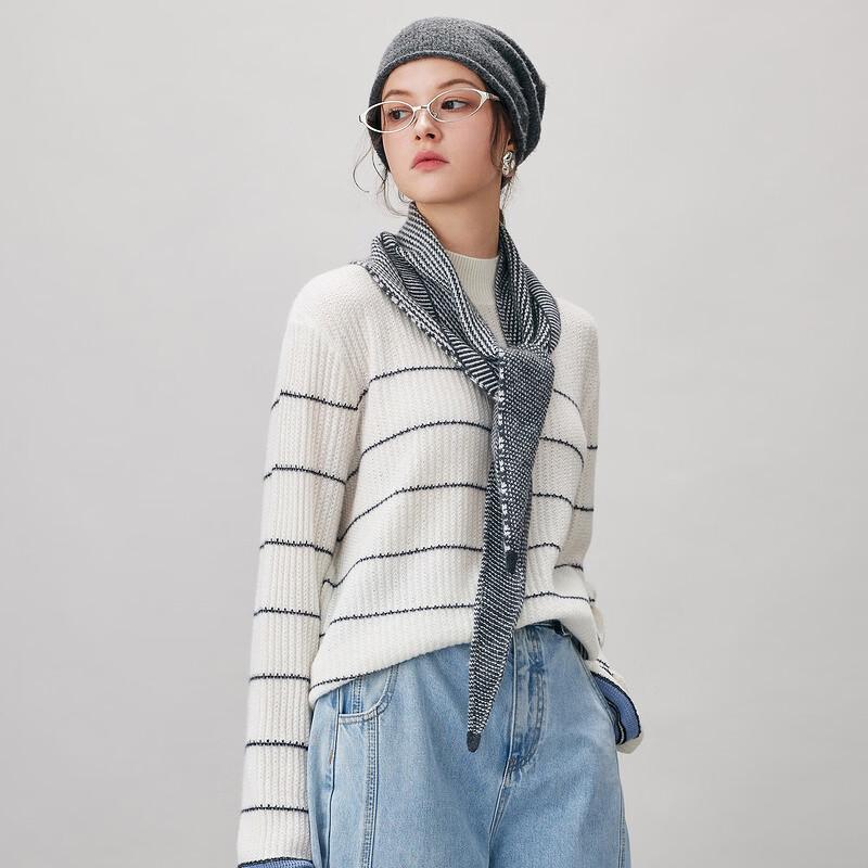 Kemengboka Women's 100% Cashmere Striped Mock Neck Sweater