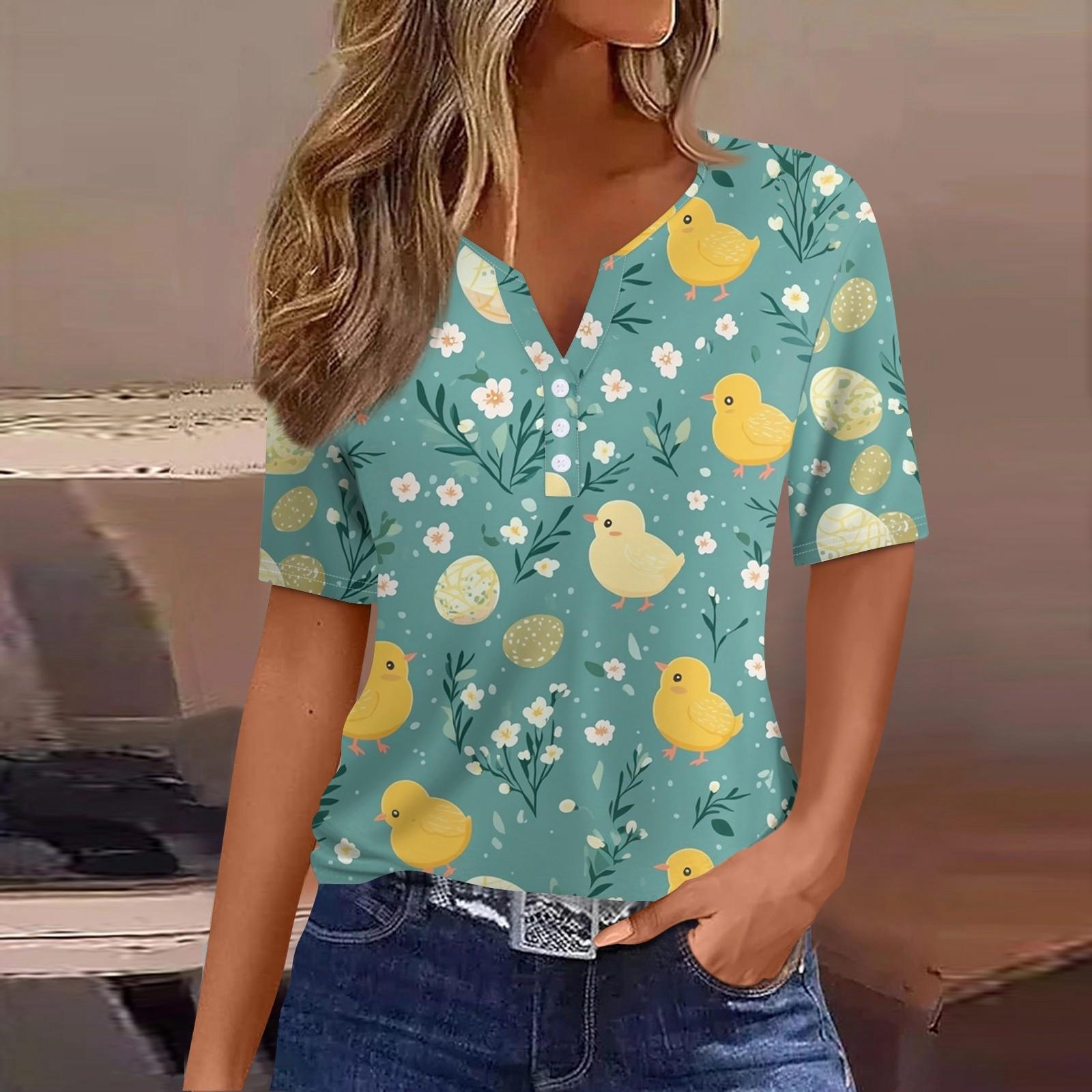 

Жен. Футболка С принтом Пуговицы С короткими рукавами Повседневные Выходные Мода Классический Классический V-образный вырез Обычный Топ L темно-зеленого