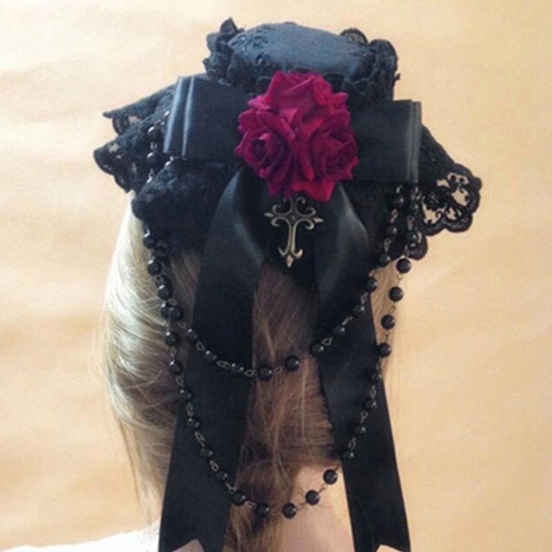 Lolita Ribbon Bows Beaded Pendant Bonnet Cap Headdress Gothic Flower Lace Mini Top Hat Headwear Cosplay Accessories