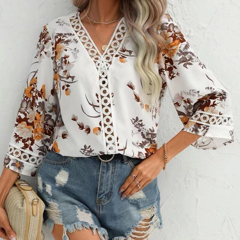 

2025 Summer Falred Sleeve Floral Printed Chiffon Women Blouse Elegant Fashion V-neck Office Loose Lace Simple Shirt Female Casual Commuter Hollow Top XXL
