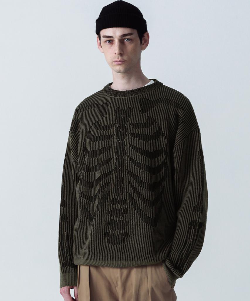 STAGE NAME Two-Tone Skeleton Bones Round Neck Oversized Knit_Khaki
