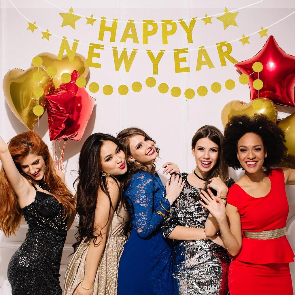 Gold Glittery Happy New Year Banner and Gold Circle Dot Garland Paper Happy New Year Sign 2026 New Years Eve Party Supplies for New year Party