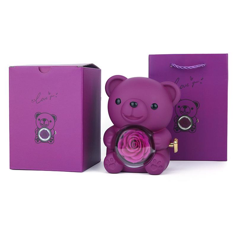Rotating Acrylic Jewelry Box with Teddy Bear & Eternal Rose for Valentine's Day