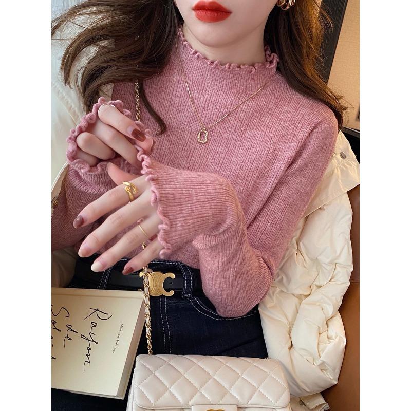 Fungus Edge Base Shirt Women's New Autumn and Winter Underwear with Black Semi-turtleneck Sweater and White Winter Knitted Top