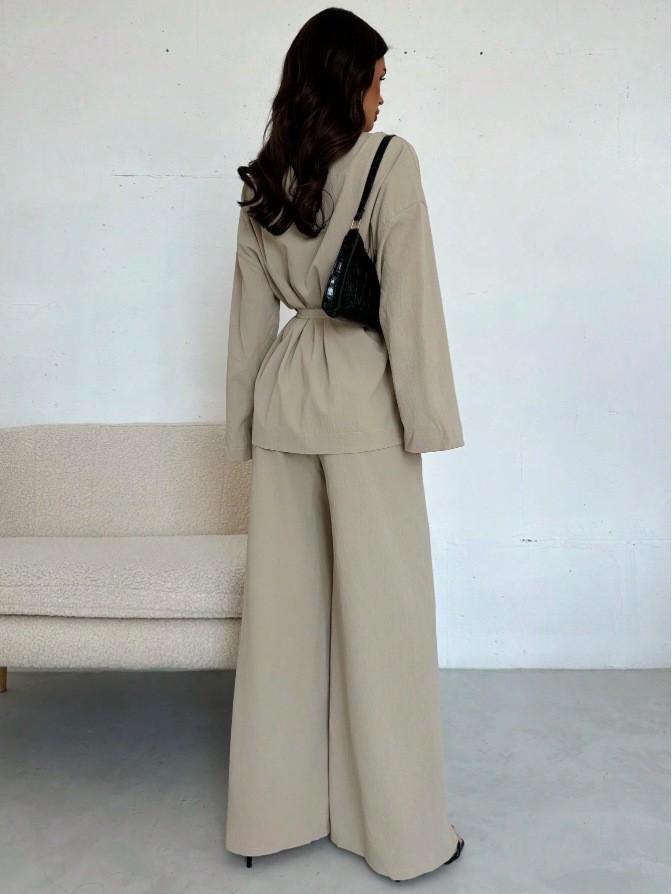 European V-Neck Elegant Women's Suit with Long Sleeves and Wide-Leg Pants