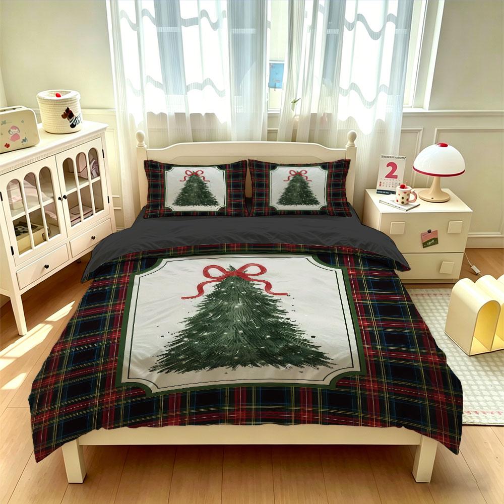 3pcs Christmas Tree Plaid Print Duvet Cover Set Holiday Festive Soft Microfiber Bedding Set with Pillowcases Quilt Cover Decor