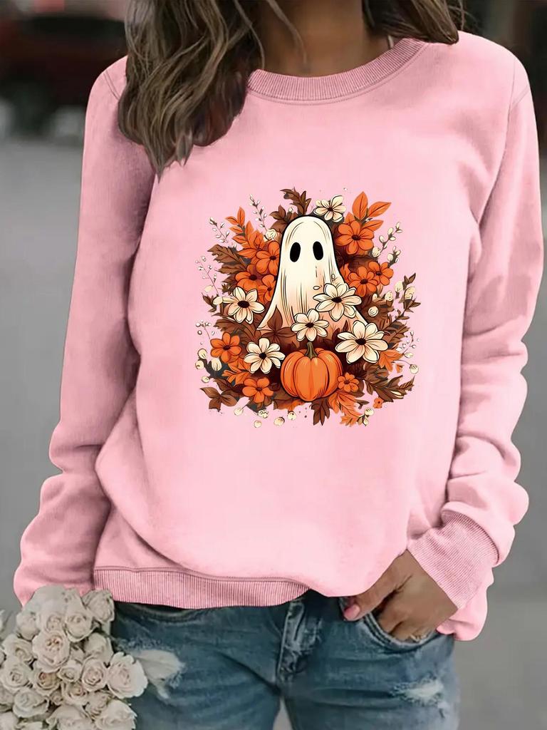 European and American Women's Autumn/Winter Casual Long-Sleeve Round Neck Ghost Floral Print Pullover Hoodie