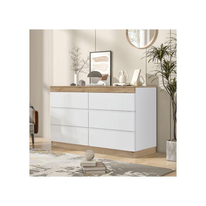 Commode Avec 6 Tiroirs, Casier, Fonction De Rangement, Pour Chambre Et Salon, Panneau De Particules E1, Blanc+oak