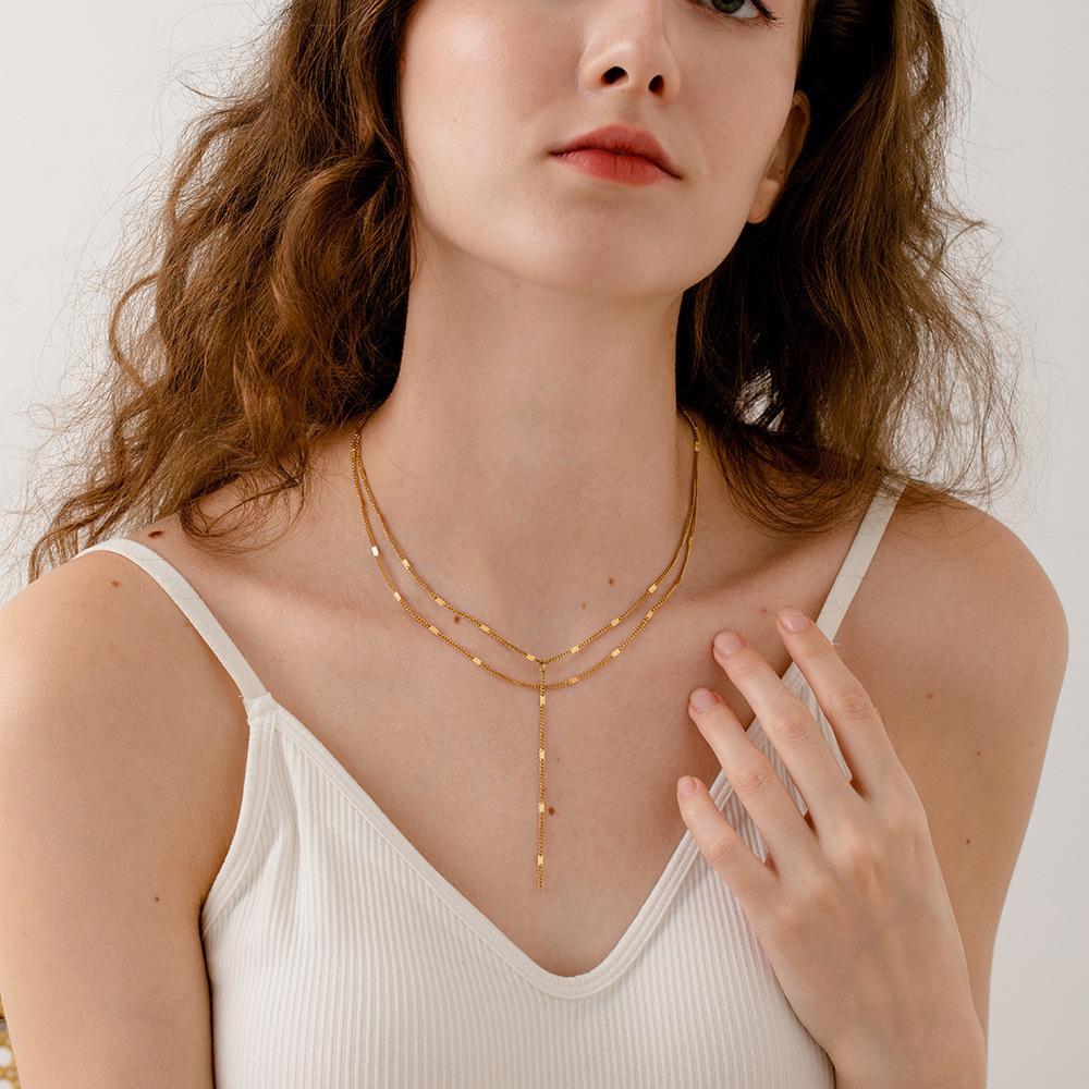 Ins Fashionable Y-shaped Double-layer Stacked Necklace Stainless Steel Plated 18k Gold Chain Simple Versatile Waterproof Jewelry