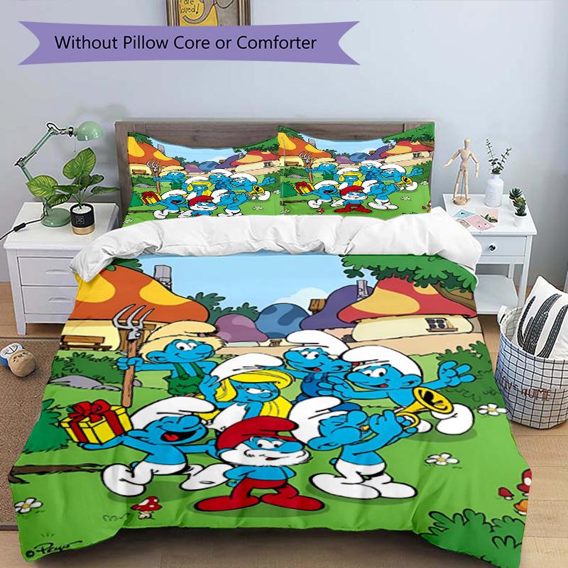 3pcs Duvet Cover Set (1*Duvet Cover + 2*Pillowcase, Without Core), Blue Smurfs Print Bedding Set, Bedroom Decor, All‑Season, Birthday Gift