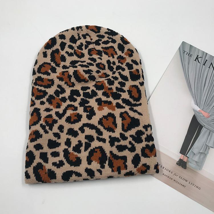 Wool Hat Female Leopard Print Knitted Elastic Warm Versatile Pullover Knitted Hat Autumn and Winter Thickened Ear Protection Hat Male