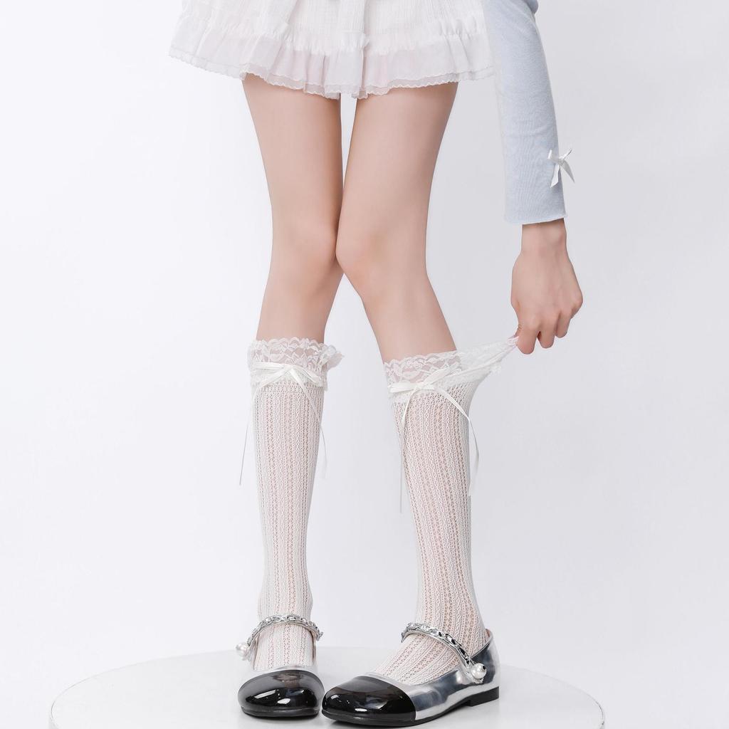 Spring and summer thin hollow mesh stacked socks jk Lolita Mary Jane Lace Princess Mid-Calf Socks Lace Over-the-Knee Socks