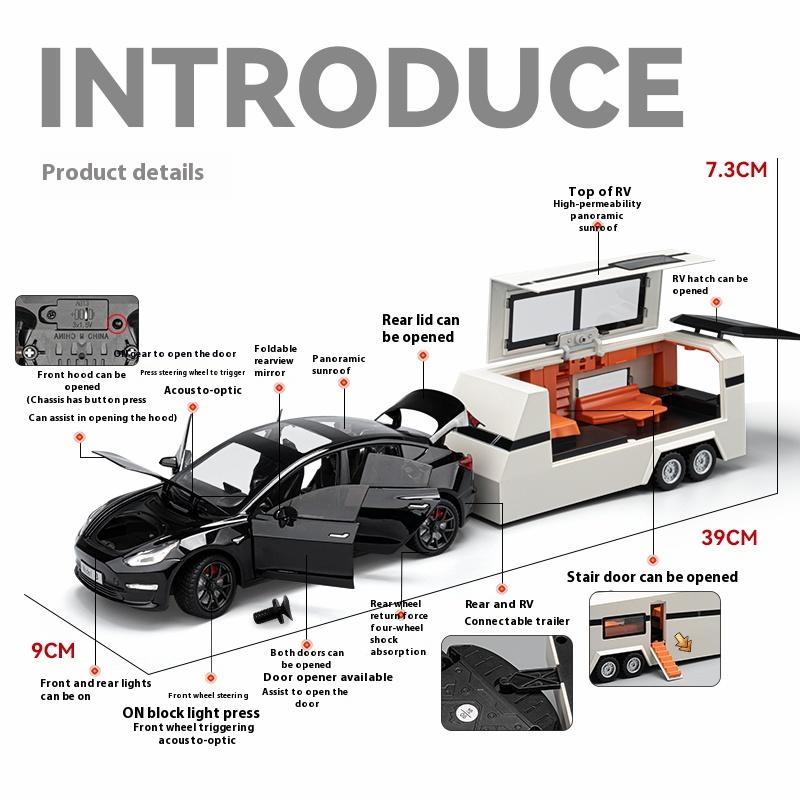 1/24 Scale Tesla Model3 Towing RV Alloy Model, Open Door Car Ornaments for Children's Sound and Light Toys To Give Gifts To Boys