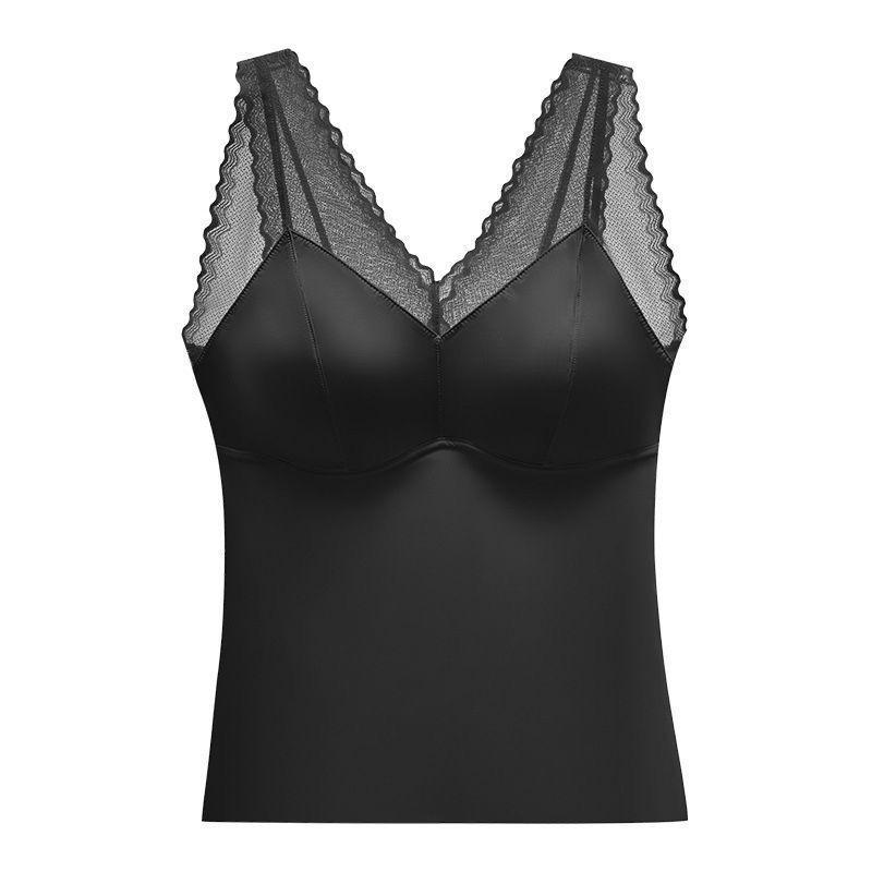 Damen Sommer Nahtloses Satin Camisole Weste mit Brustpolster BH Integriert Einfarbig Schöner Rücken Spitze Futter Top